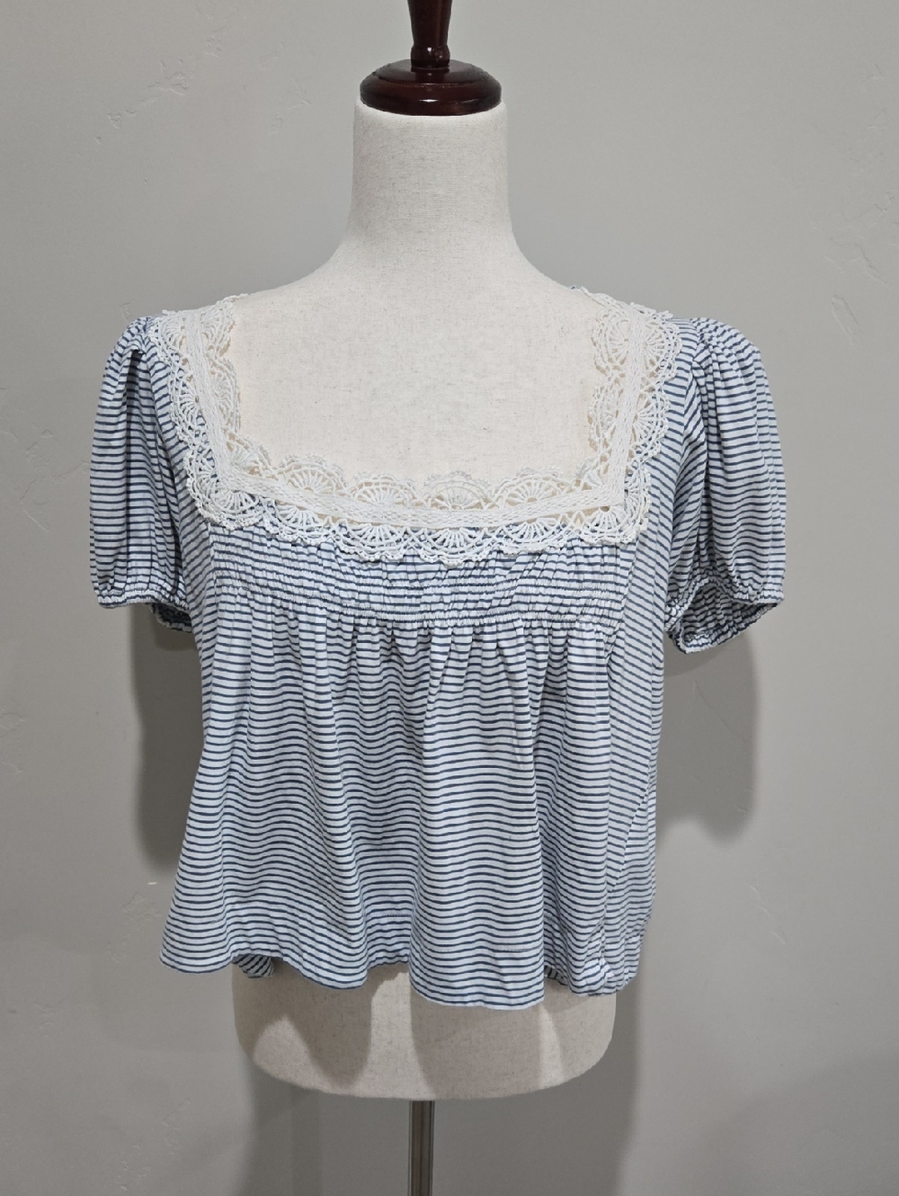 Anthropologie Blue & White Striped Square-Neck Lace Trim Top